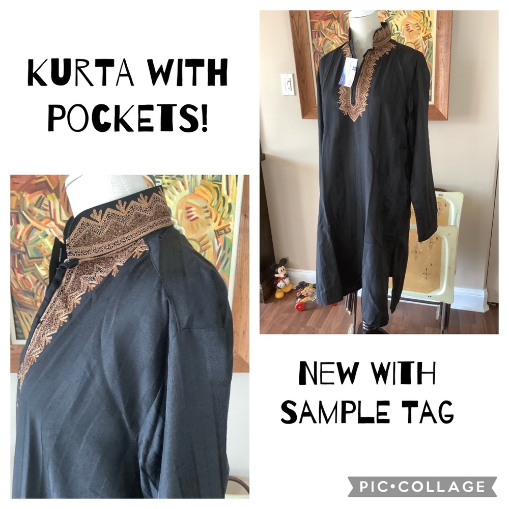 Black Kurta Embroidered Collar w/pockets